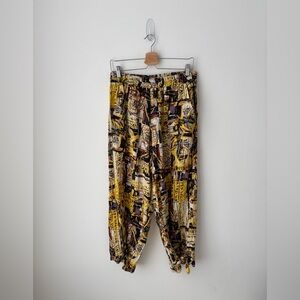 LUUKAA 100% Linen Abstract Print Crop Pants | Elastic Waist | Size L / US 12